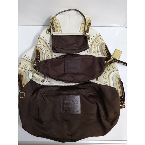 Coach Set of 3 Bags - Soho White Leather Stitched Grommet Studded Hobo Purses - Picture 11 of 12